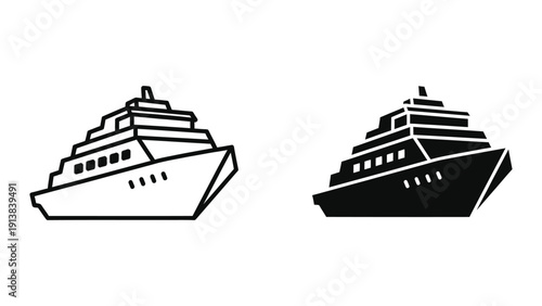 Cruise ship icon set, black and white illustrations