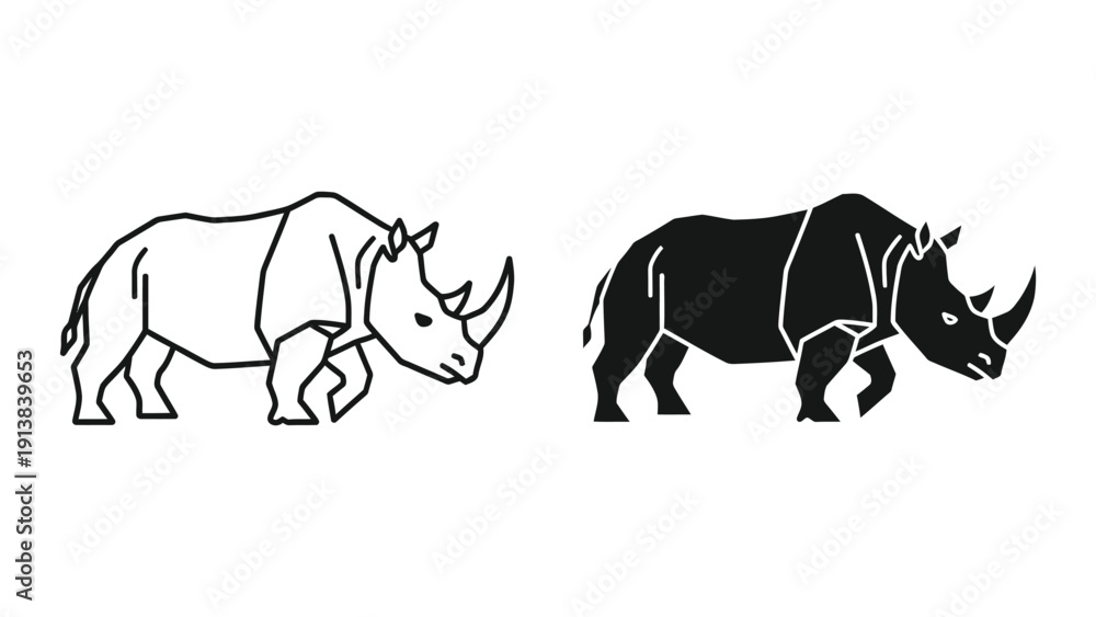 Fototapeta premium Black and white illustration of two rhinos walking side by side