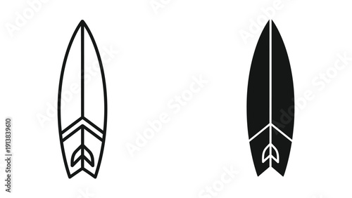 Black and white minimalist illustration of surfboards on white background