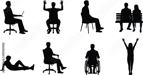 Business people silhouette collection, men and women sitting standing working laptop wheelchair poses isolated black vector illustration on white background