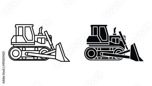 Bulldozers, heavy machinery, construction equipment, black and white illustration