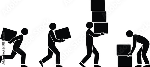 Set of black stick figures showcasing the various methods of manually moving large square boxes