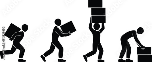 Sequential black stick figures showing different ways individuals handle and transport square boxes