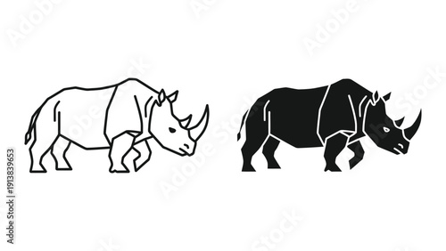 Black and white illustration of two rhinos walking side by side