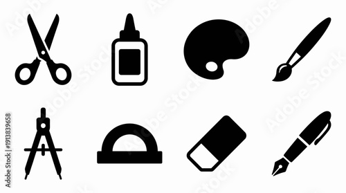 School Supply Icon Vector Set – Black Silhouettes Featuring Scissors, Glue, Palette, Paintbrush, Compass, Protractor, Eraser, and Fountain Pen for Educational and Creative Projects
