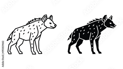 Spotted hyena silhouettes, black and white illustration of animals standing