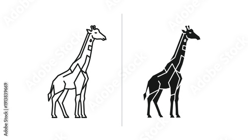 Black and white giraffe silhouettes facing opposite directions on white background