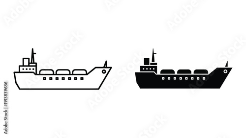 Cargo ship silhouettes, black and white, side view, isolated on white background