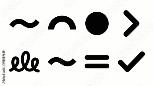 Abstract Symbol Vector Set – Eight Black Icons Featuring Tilde, Arc, Circle, Greater-Than, Flourish, Equals, and Check Mark for Creative, Mathematical, and Design Projects