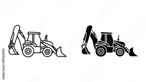 Backhoe loader illustration, black and white outline and filled styles