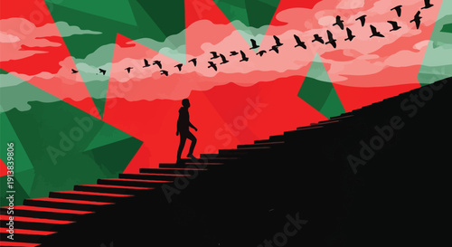 Silhouette of a person walking up a staircase with geometric shapes and a flock of birds in a vibrant red and green abstract background