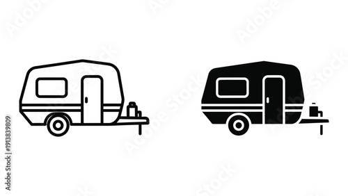 Two black and white illustrations of small travel trailers