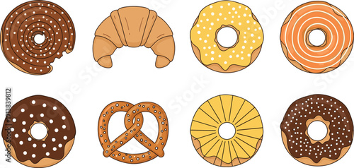 Donut and Croissant Top View Set. Glazed, Chocolate and Sprinkled Pastry Illustration. Flat Bakery Dessert Vector Collection for Cafe Menu and Packaging Design.