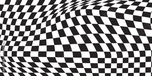 Distorted checkered pattern black and white background design - wavy effect illusion modern vector