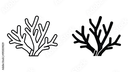 Black and white coral branch silhouettes on white background
