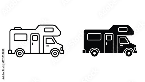 Camper van outline and silhouette, motorhome, caravan icon