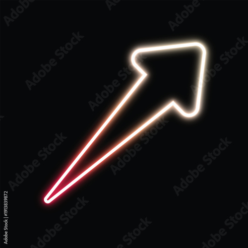 Neon arrow pointing up right on black background, red to white gradient glow, stock media