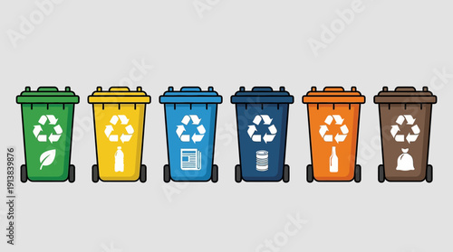 Recycling Bin Vector Set – Six Colored Waste Segregation Icons Featuring Organic, Plastic, Paper, Metal, Glass, and General Trash for Environmental and Educational Projects