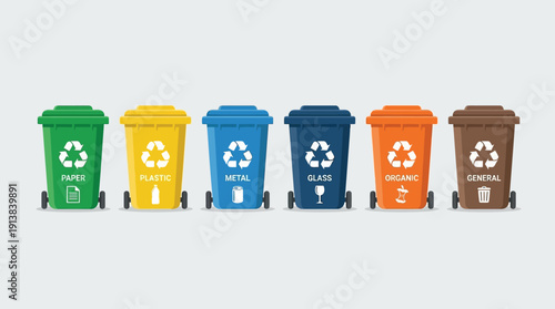 Recycling Bin Vector Set – Six Colored Waste Segregation Icons Featuring Organic, Plastic, Paper, Metal, Glass, and General Trash for Environmental and Educational Projects