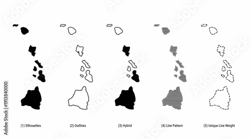 Hawaiian Islands Vector Set – Five Stylized Map Representations Featuring Silhouette, Softness, Hybrid, Low Fidelity, and Unique Line Weight Designs for Geographic and Creative Projects