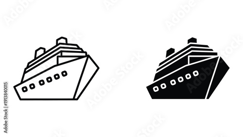 Cruise ship icon set, black outline and filled, isolated on white background
