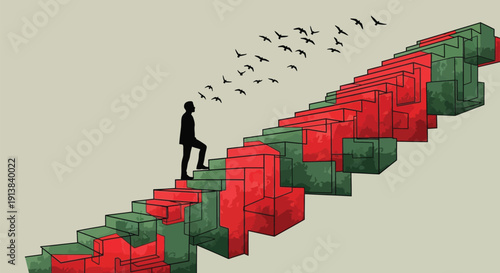 A silhouette of a person walking up a staircase made of red and green blocks with birds flying away, vector illustration
