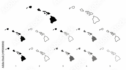 Hawaiian Islands Vector Set – Five Stylized Map Representations Featuring Silhouette, Softness, Hybrid, Low Fidelity, and Unique Line Weight Designs for Geographic and Creative Projects