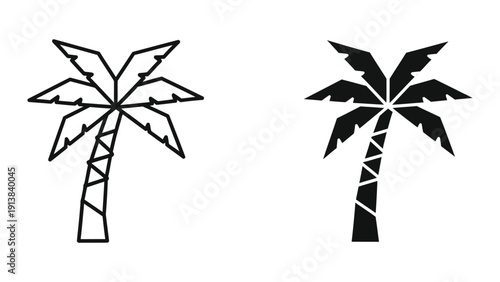 Two stylized palm trees, one outlined and one filled, on white background