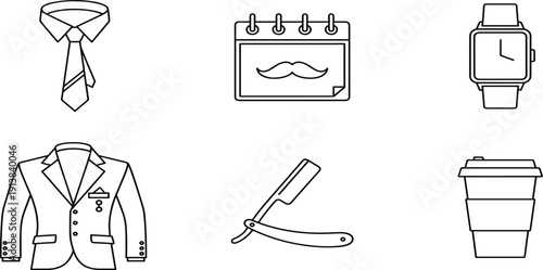 Men Lifestyle Icon Set Featuring Formal Suit Necktie Moustache Calendar Smartwatch Straight Razor and Coffee Cup for Grooming and FashionMen Lifestyle Icon Set Featuring 