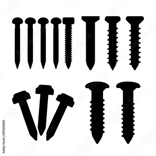 Silhouette illustration of various nails and screws, showcasing different types of hardware.