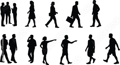 Business people silhouettes collection, men and women walking talking and working isolated black vector illustration set on white background