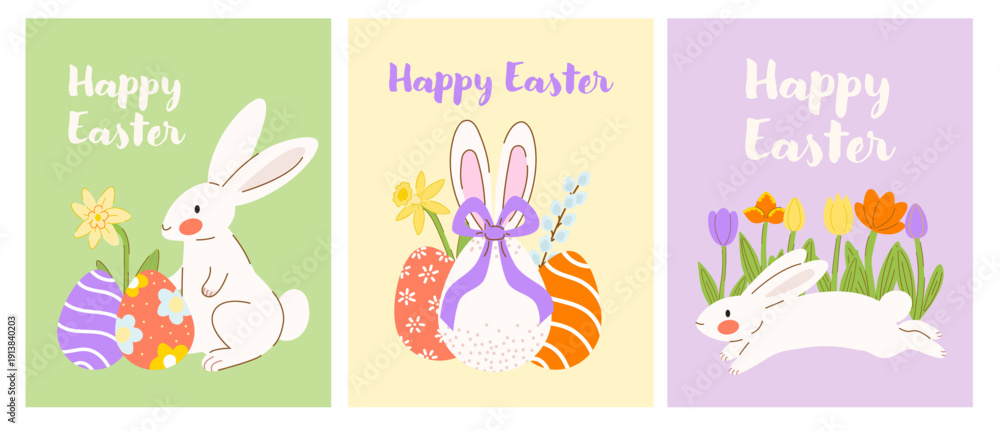 Fototapeta premium Easter greeting card set with bunny rabbit hare and decorated eggs. Flat hand draw vector illustration in pastel colors