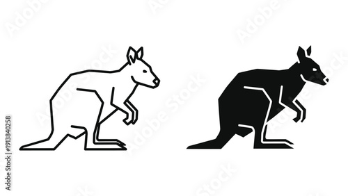 Silhouette and outline of kangaroo on white background