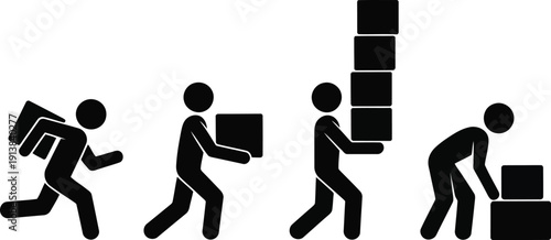 Several stick figure people perform various tasks moving and stacking boxes on a clean background