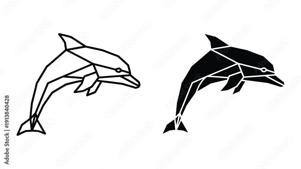 Obraz premium Black and white illustration of two dolphins in geometric style