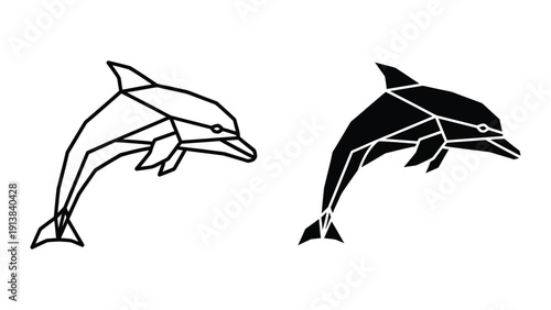 Black and white illustration of two dolphins in geometric style