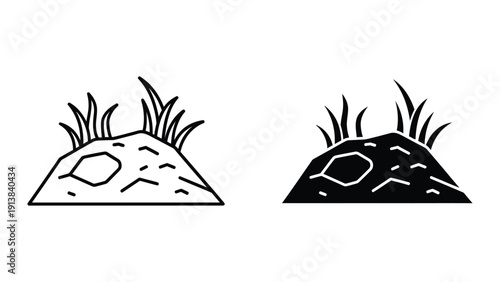 Black and white illustration of two mounds with grass