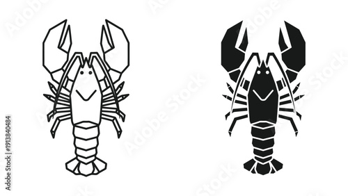 Black and white illustration of two lobsters, one outlined and one filled.