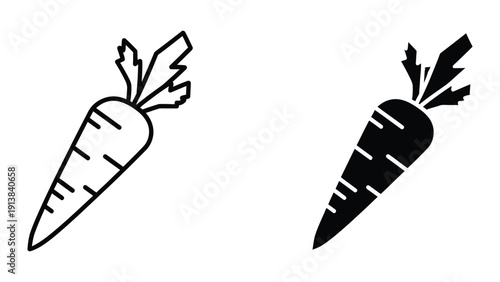 Black and white illustration of two carrots with leaves