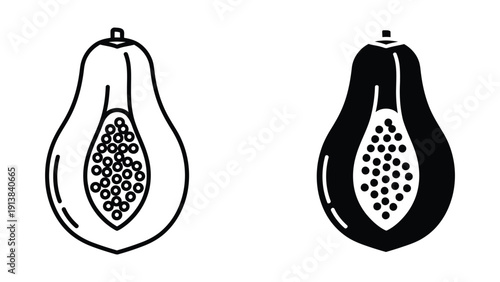 Black and white illustration of two papayas with seeds