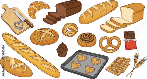Bakery Bread and Pastry Collection Set. Baguette, Croissant, Loaf and Pretzel Illustration. Hand Drawn Baked Goods Vector for Cafe and Menu Design.