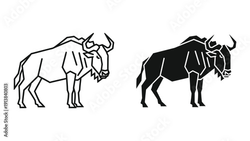 Silhouette and outline of wildebeest or gnu antelope