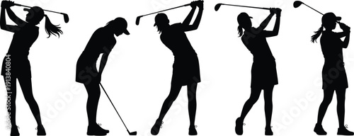Female golfer silhouette set, woman golf swing poses with club isolated black vector illustration collection on white background