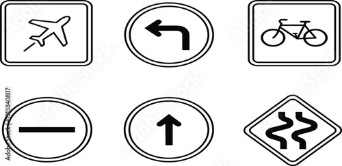 Transportation and traffic road sign icon set, featuring airplane flight, left turn arrow, bicycle lane, no entry, straight ahead, and winding road, for safety.Transportation and 