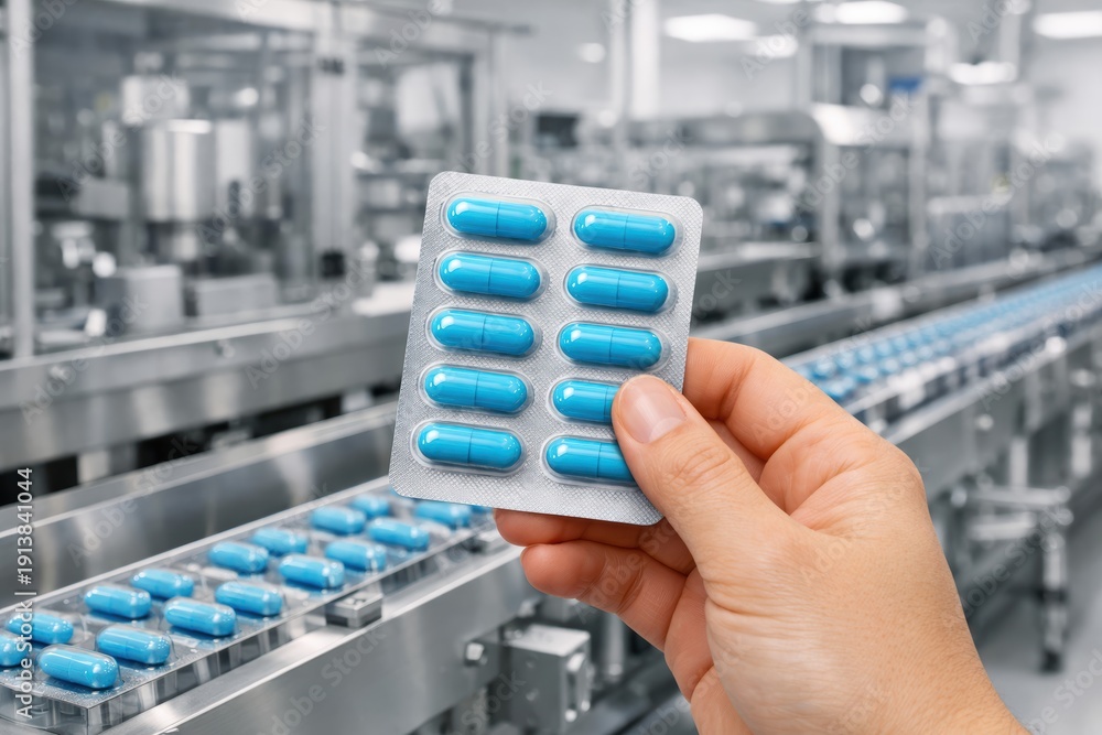 Fototapeta premium Pharmaceutical Production Inspection: A hand inspects a blister pack of blue pills, representing pharmaceutical production and quality control with a focus on manufacturing processes.