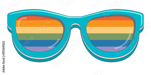 LGBT blue sunglasses retro groovy hipster style with pride rainbow lens and white frame isolated on white background. Retro vintage Pride day, LGBT and LGBTQ sunglasses icon, sticker, poster and label