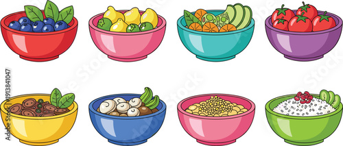 Colorful Food Bowls Collection Set. Fresh Fruits, Vegetables, Rice and Mushrooms Illustration. Bright Hand Drawn Vector for Healthy Meal and Menu Design.
