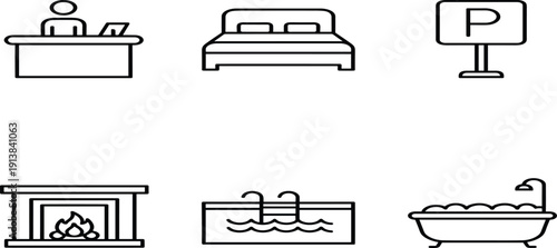 Hotel and resort amenities icon set featuring reception desk, comfortable double bed, parking sign, cozy fireplace, swimming pool, and bathtub.Hotel and resort amenities icon 