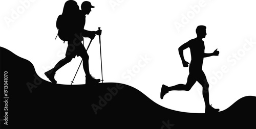 Silhouettes of a dedicated hiker with backpack and poles walking near a fit man running outdoors