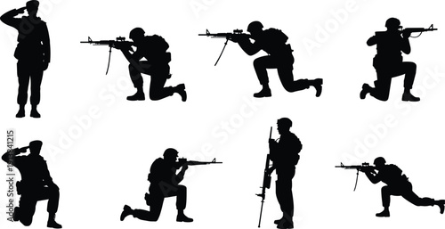 Military soldier silhouette set, army troops aiming rifles kneeling standing saluting isolated black vector illustration collection on white background